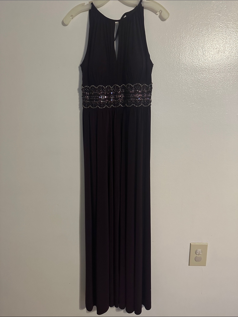 R & M Richards Burgandy Maxi Dress with Beaded Waistband